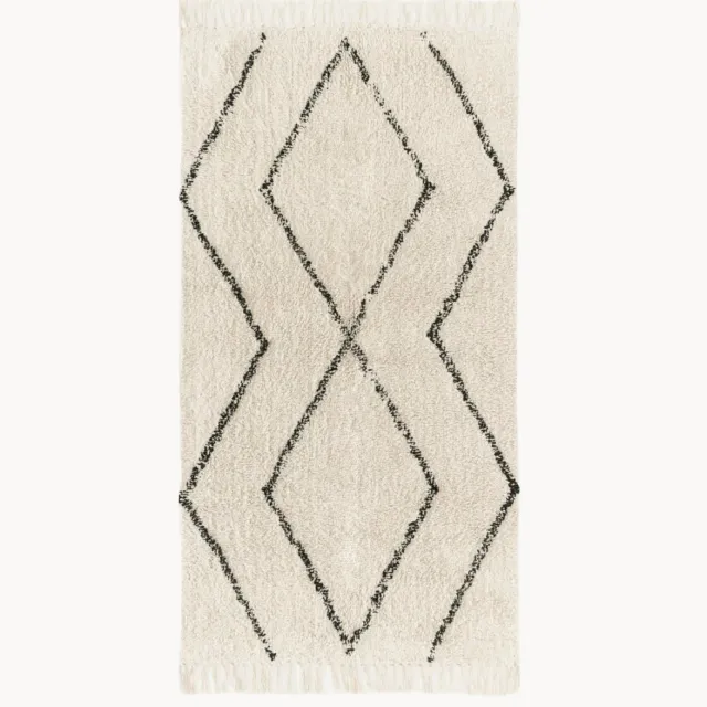 Westwing Collection Handgetuft katoenen vloerkleed Bina met ruitjesmotief en franjes Wit