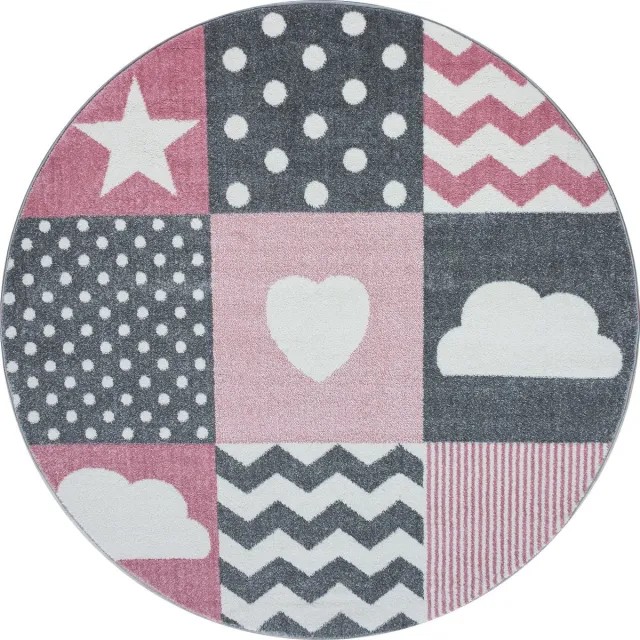 flycarpets Flycarpets - Kids Kinderkamer Hart En Ster Roze Vloerkleed Rond - 120x120 cm Grijs