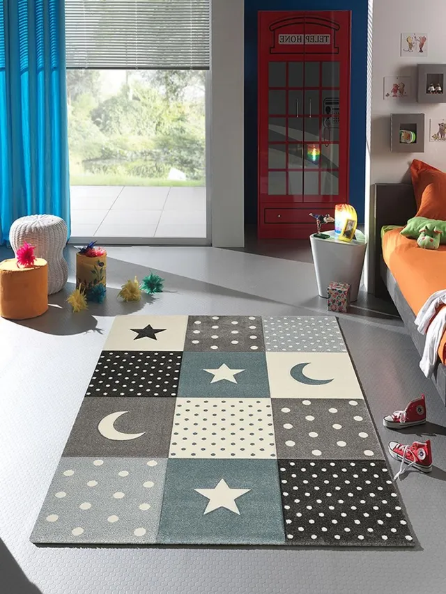 the carpet Monde Kids – zacht kindertapijt met sterren, manen en stippen, onderhoudsvriendelijk en kleurecht, blauw/grijs