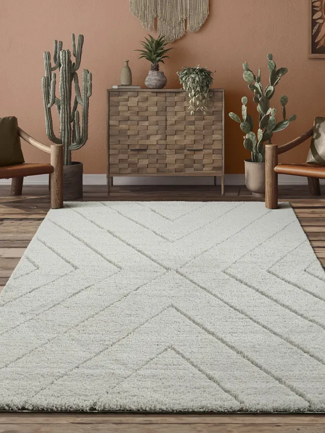 the carpet Bahar Shaggy – Hoogpolig vloerkleed met modern patroon, crème crème met chevronpatroon