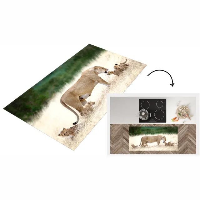 KitchenYeah Keukenloper - Loper keuken - Leeuw - Gras - Welp - Familie - 120x60 cm - Keukenloper vinyl Multicolor