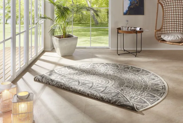 flycarpets Laagpolig Rond Vloerkleed - Omkeerbaar Binnen en Buitenkleed - Grijs / Creme 100cm rond Ø