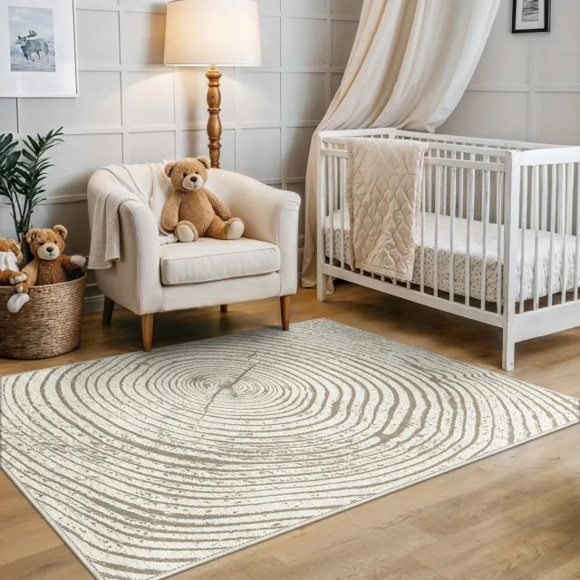 GENIMO Tapijt -Modern Baumringe design-Kortpolig en antislip-Makkelijk te onderhouden-Elfenbein Naturel