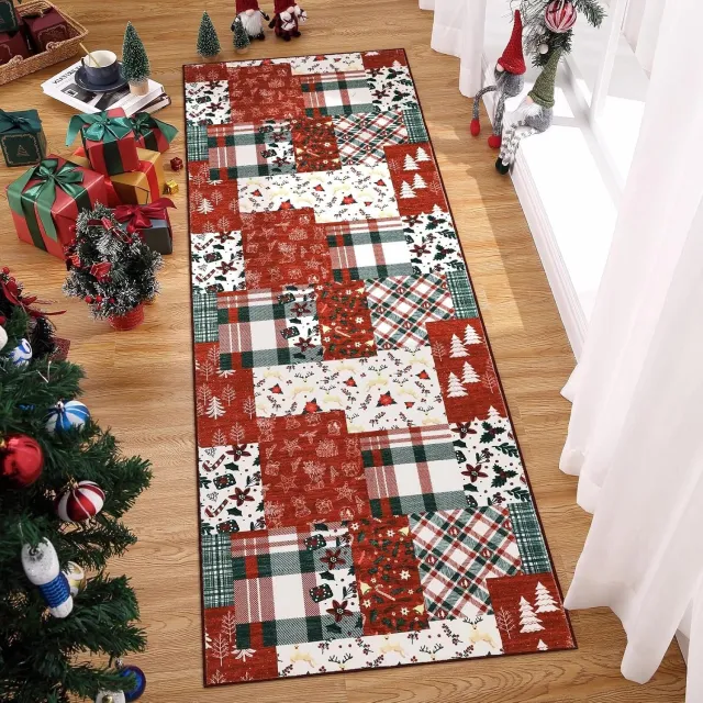 Triumpunpre Kerst Vloerkleed Geruit 60x180 cm - Rood Geruite Kersttapijt met Antislip Onderkant - Zacht Wasbaar voor de Gang