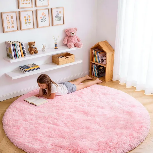 Famanu Rond vloerkleed voor de kinderkamer, 100 cm, roze, hoogpolig en wasbaar, zacht en pluizig, modern ontwerp