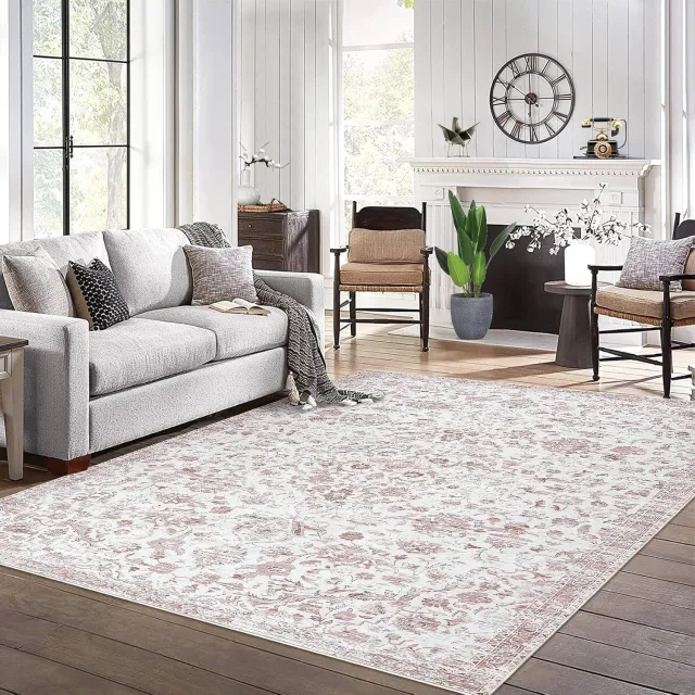 Danky Vintage Vloerkleed 240x340cm - Wasbaar in de Wasmachine - Antislip TPR Rug - Zacht Laagpolig Boho Vloerkleed voor Woon- en Slaapkamer Roze