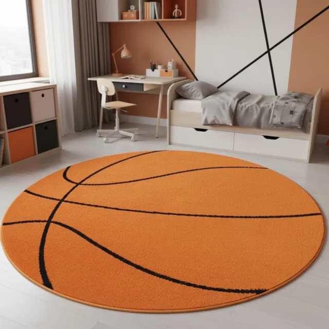 TapisTrend Kinderkleed Oranje 120 cm rond Rond kindertapijt met basketbalpatroon voor slaapkamer, speelkamer en sportruimte