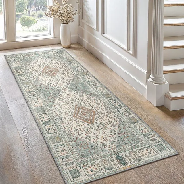 GENIMO Tapijt -Boho vintage met oosters motief-Wasbaar en onderhoudsvriendelijk-Antislip onderkant voor veilig gebruik-Groen