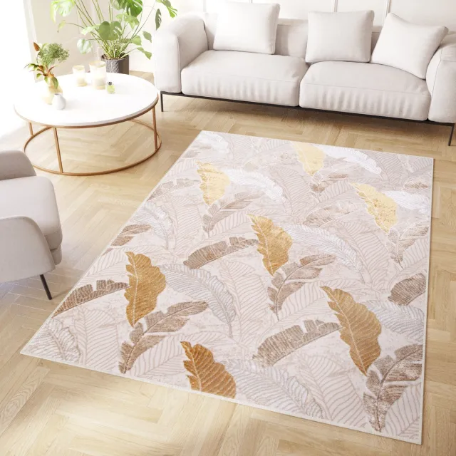 Tapiso Crystal Vloerkleed Beige Goudkleur Bladeren Tapijt