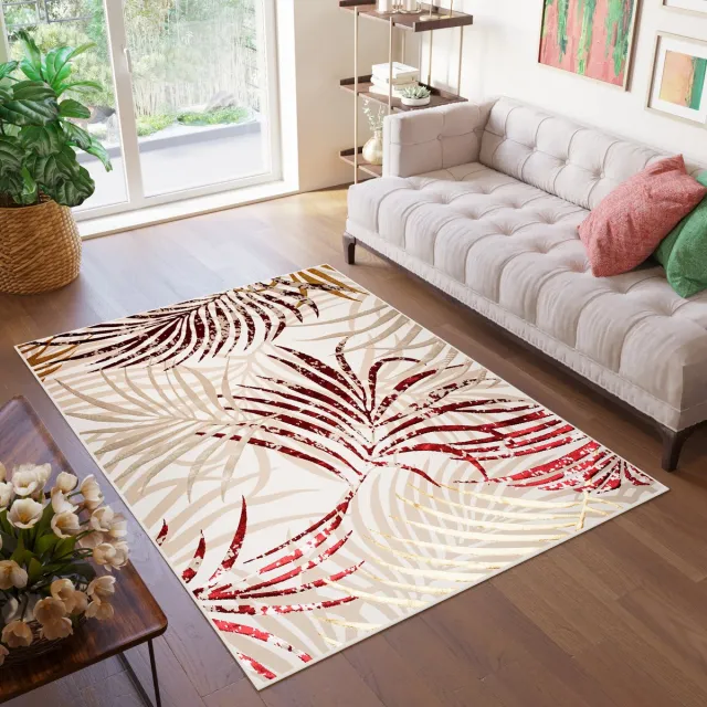 Tapiso Golden Vloerkleed Beige Rood Bladeren Modern Tapijt Maat- 120x170