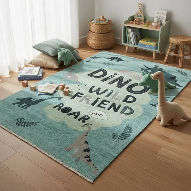 TESSO LIVING Vloerkleed Kinderkamer Dino – 120 x 160 cm Kinderkamer Tapijt – Machine Wasbaar & Anti-Slip – Premium Laagpolige Speelmat voor Kids Dino - Groen