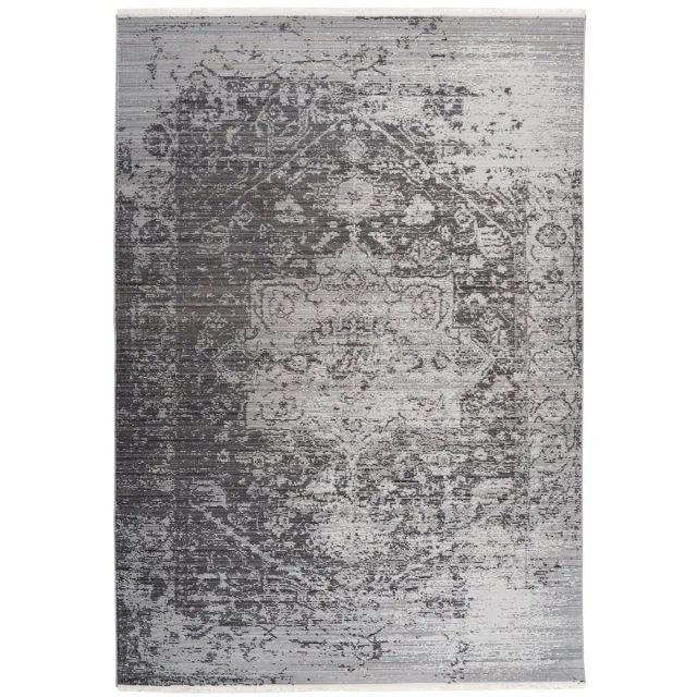 Padiro elegant laagpolig vloerkleed 120 x 170 cm - lichtgrijs - oosters vintage patroon - met franjes - voor vloerverwarming - van polypropyleen en katoen