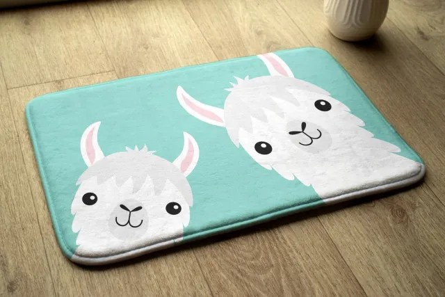 Coloray Vloerkleed voor Kinderkamer - Wit Tapijt Voor Woonkamer - Twee Schattige Lama's Vloerkleed - Munt Accenten Tapijt Voor Slaapkamer - Antislip Vloerkleed Voor Slaapkamer - 75x45 cm Wit - Twee Schattige Lama's