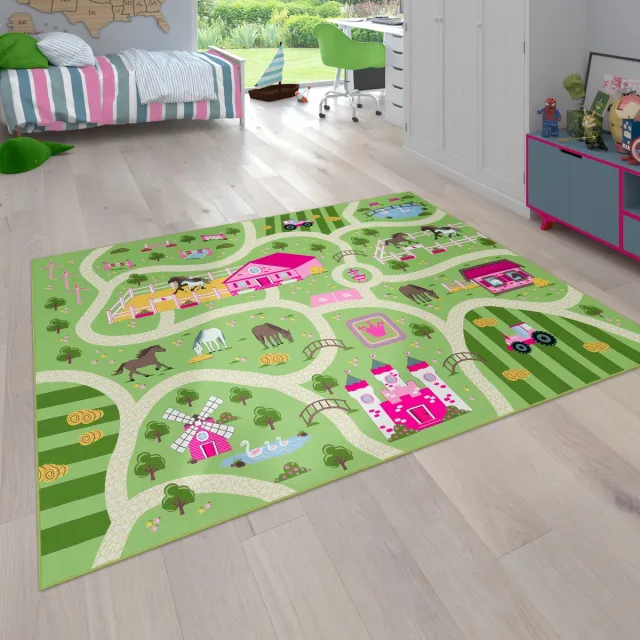 flycarpets Binola Kindervloerkleed Groen / Roze - 140x200 cm - Speelkleed / Speelmat Auto - Laagpolig Vloerkleed Kinderkamer
