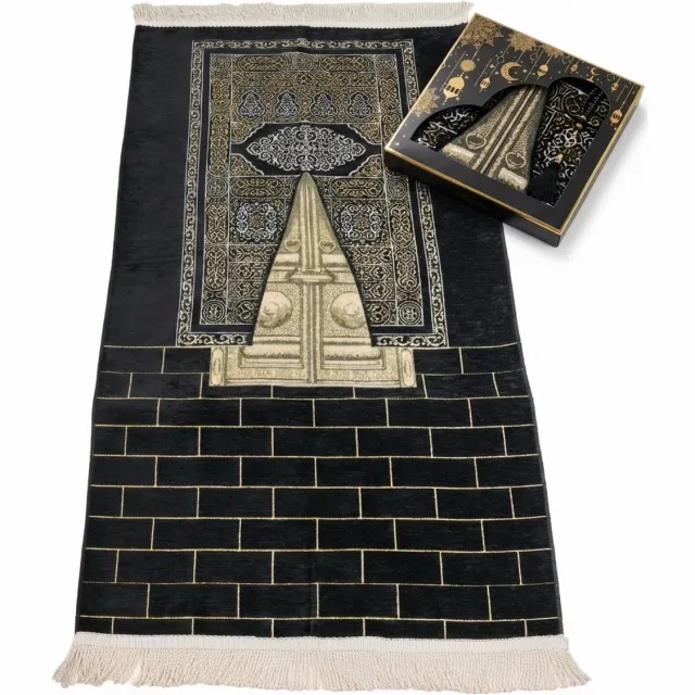 Firaset Islamitische Gebedskleed – Seccade – Turkse Zachte Dunne Gebedsmat – Janamaz Sajada – Inclusief Gebedskralen – Ramadan & Eid Geschenk voor Mannen en Vrouwen –Kaaba-deur, chenillestof, zwart Kaaba Zwart