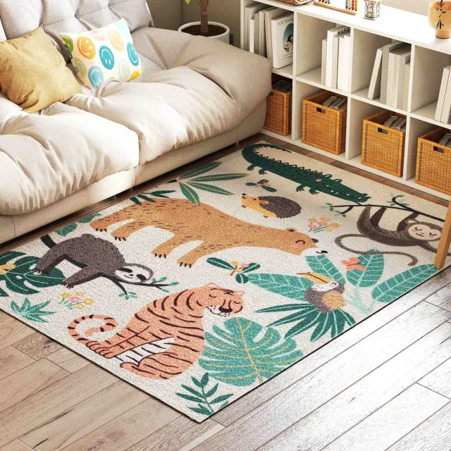 TEKROA Vloerkleed met Junglepatroon - Carpet -Tapijt - Antislip & Onderhoudsvriendelijk - Zacht Fleece -120 x 160 cm - Crèmewit
