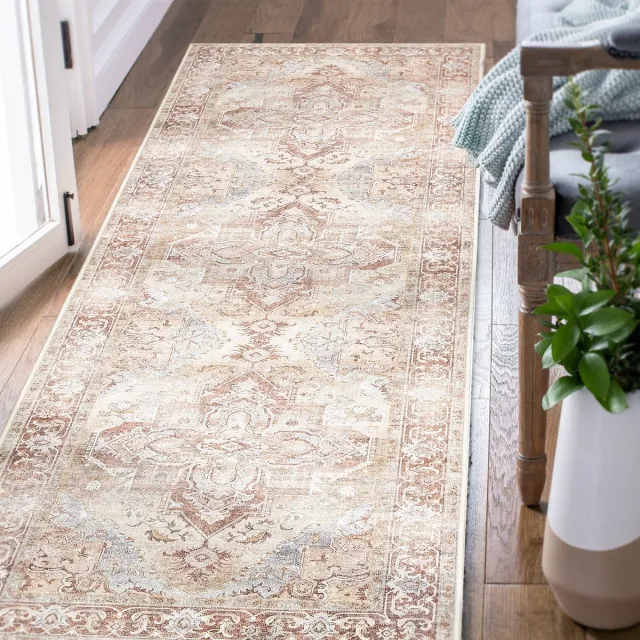 topick Tapijtloper - Wasbaar Antislip Dun Opvouwbaar - Vintage Oriëntaals Bloemenpatroon voor Hal Keuken Slaapkamer Woonkamer - Baksteenrood 60x150 cm Vintage Baksteenrood