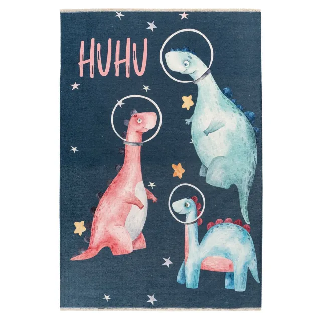 Padiro speels kindervloerkleed - donkerblauw - speels kindermotief - met dinosaurus-astronautenmotief - met franjes - van katoen en polyester