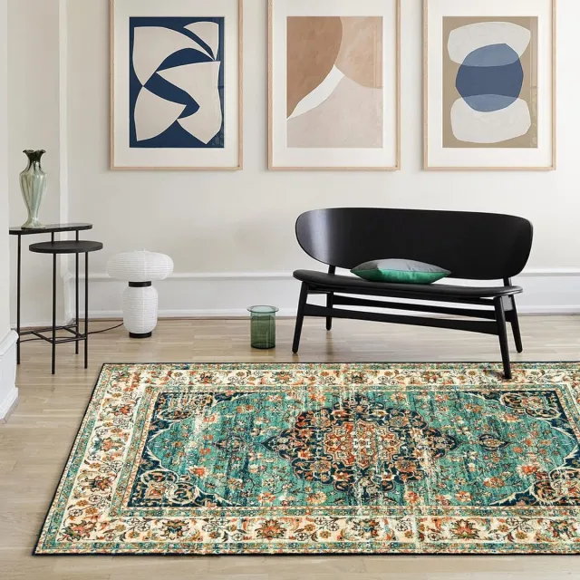 CHOSHOME Wasbaar vloerkleed voor woonkamer, 120 x 170 cm, vintage, laagpolig tapijt met oosters design, groot, zacht vloerkleed voor eetkamer, slaapkamer, antislip, kunstwol, boho, voor binnen en groen