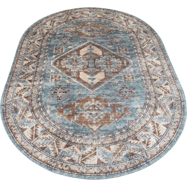 Veer Carpets Vloerkleed Laria Blue 3 - Ovaal 160 x 230 cm - Vintage Design Ovaal Vloerkleed met Medaillon Patroon Blauw