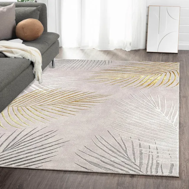 flycarpets Evora Leaves Modern Vloerkleed Grijs / Goud – Laagpolig Tapijt Woonkamer