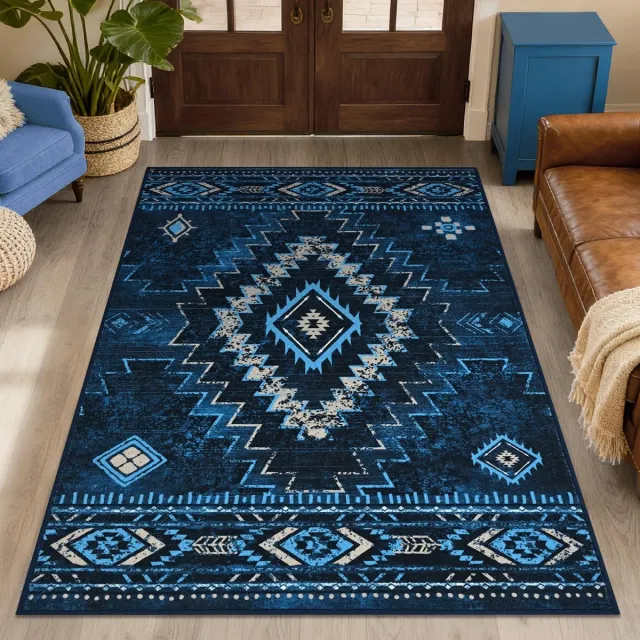 Famanu Vloerkleed voor de woonkamer, laagpolig, antislip, zacht en wasbaar, vintage geometrisch patroon, voor slaapkamer, kinderkamer, keuken, entree, blauw, 80 x 150 cm