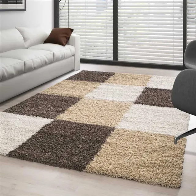 TapisTrend Harig tapijt Bruin-Wit-Beige 120x170 cm Een hoogpolig vloerkleed met een ruitpatroon, verkrijgbaar in verschillende kleuren en maten