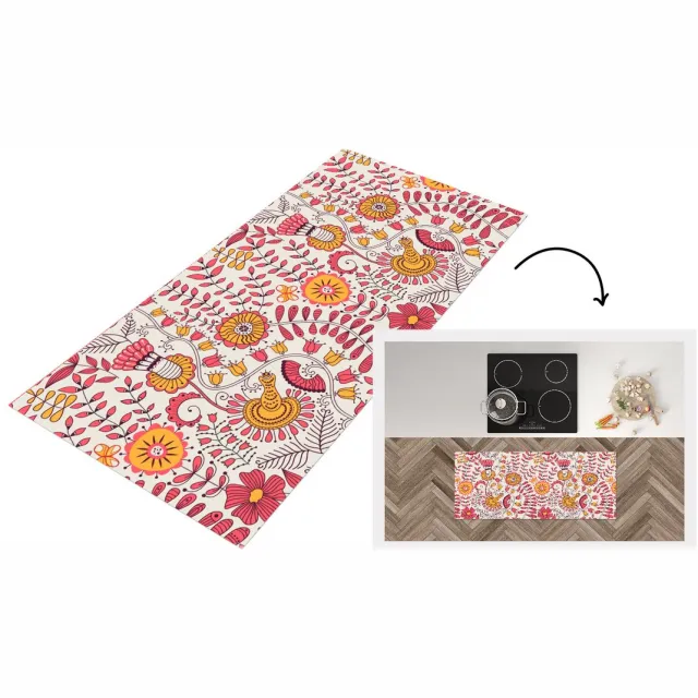 KitchenYeah Keukenloper - Keukenmat vinyl Bloemen - Design - Roze - Oranje - Keukenmatten loper - Keuken vloerkleed tapijt