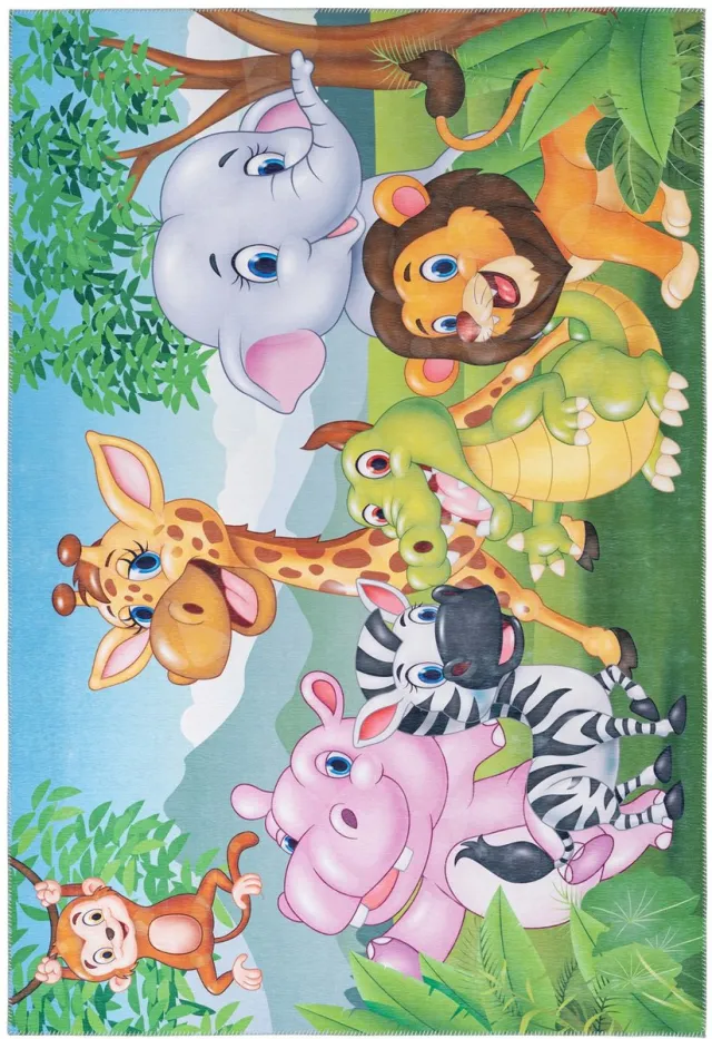 Padiro speels kindervloerkleed 120 x 170 cm - groen - speels kindermotief - met safarimotief - voor vloerverwarming - van polyester en latex