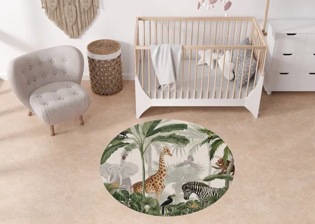Bi & Li Creaties Rond Vinylzeil Jungle Jive Kikki Belle-Vinyl kleed-kinderkamer-jungle-giraf-kinderkameraccessoires-100cmRond-kleed natuur tinten