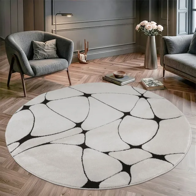 Muratap Vivant Japandi Blaze - Rond Vloerkleed Laagpolig - Wit Zwart- 240 CM Ø