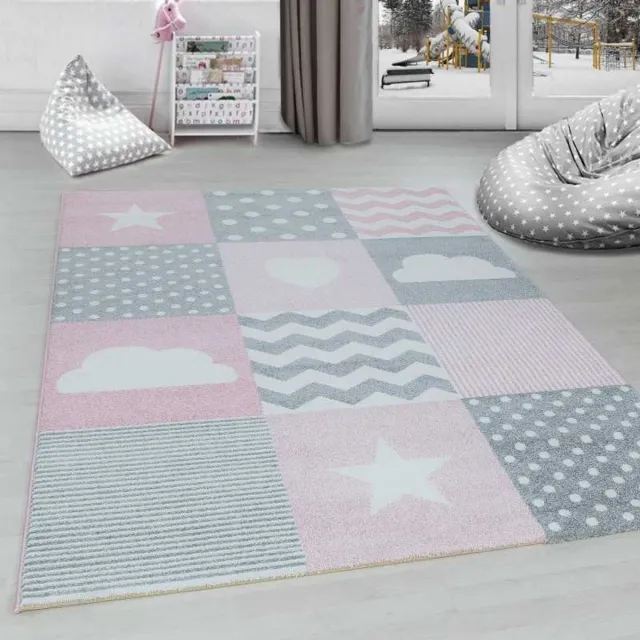 TapisTrend Kinderkleed Roze 120x170 cm Geruit vloerkleed voor de kinderkamer met wolken- en sterrenpatroon