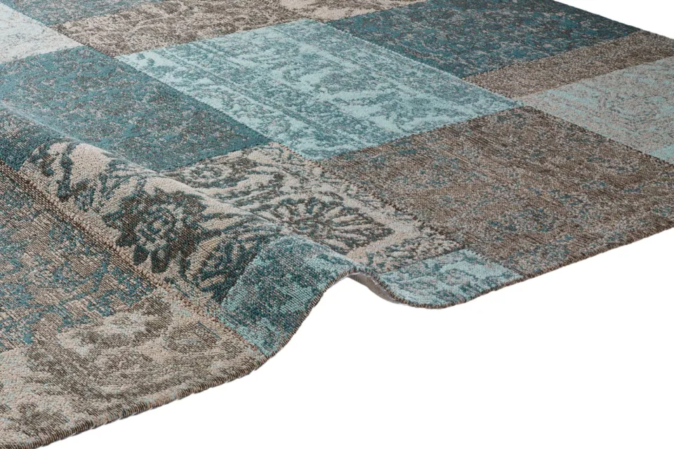 Tapijt vlak geweven turquoise grijs patchwork, foto 3