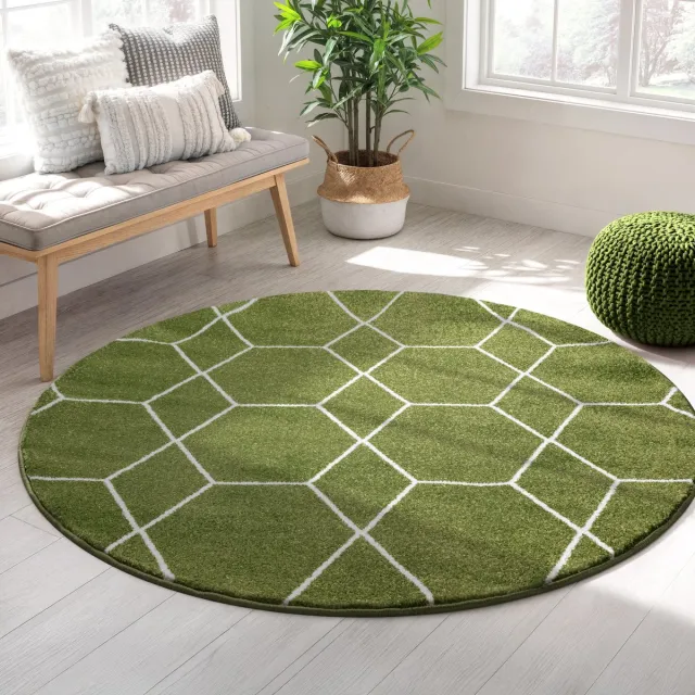 Muratap Trellis Uni Rond Laagpolig Vloerkleed Groen- 200 CM Ø