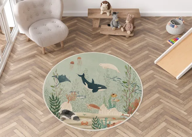 Kikki Belle Vloerkleed Kelp Forest Oliver Robins-kinderkamer-zeedieren-orka-vissen-onderwater-kinderkameraccessoires-stoffen kleed-rond-100cm blauw groen zwart wit
