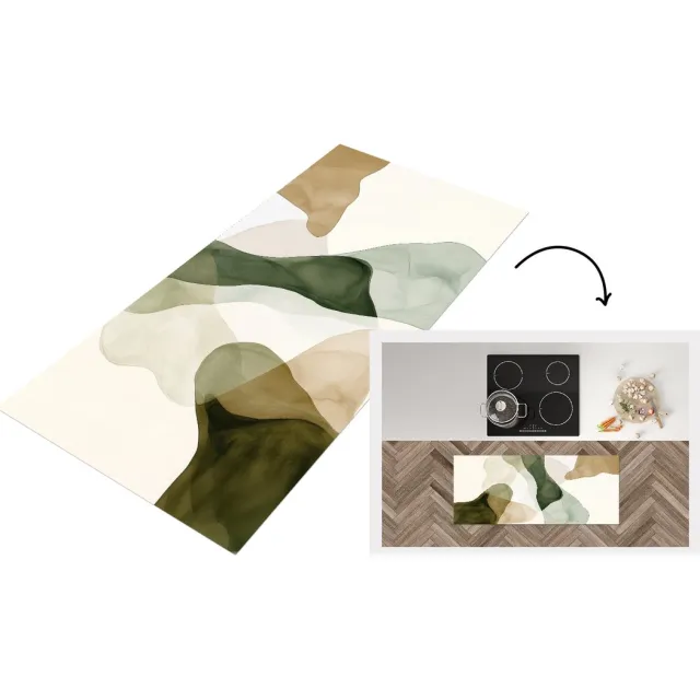 KitchenYeah Keukenloper - Keukenmat vinyl Japandi - Abstract - Groen - Keukenmatten loper - Keuken vloerkleed tapijt
