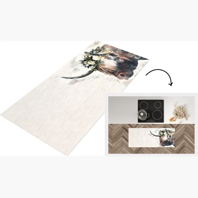 KitchenYeah Keukenloper - Loper keuken - Schotse hooglander - Rozen - Krantenpapier - Keukenloper vinyl Multicolor