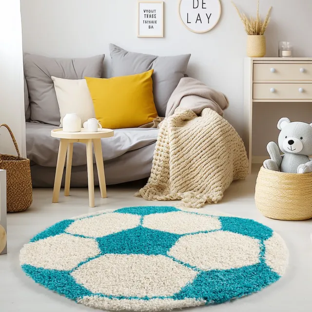 Adana Carpets Kinderkleed met voetbaldesign, turquoise kleur, kleed voor de kinderkamer, jute achterkant, afmeting: 100 cm rond