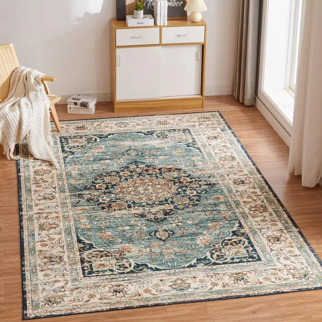 Unyqoos ® Vintage Inspiratie Wasbaar Laagpolig Tapijt voor Woonkamer en Slaapkamer, Antislip en Zacht, 80 x 150 cm, Blauw Kleurjik