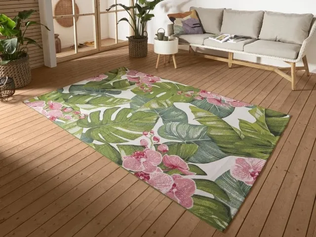flycarpets Flair Tropical Gebloemd Buitenkleed Groen / Roze - Vloerkleed Buiten - Laagpolig Tuinkleed, Tuintapijt, Buitentapijt