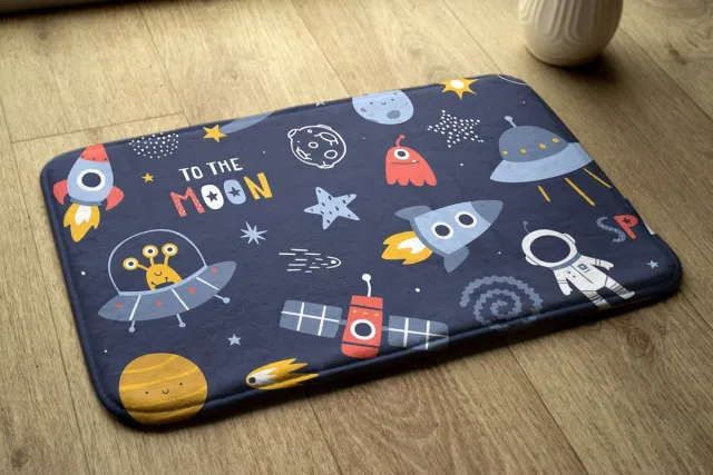 Coloray Vloerkleed voor Kinderkamer - Marine Tapijt Voor Hal - Ruimte En Raketten Vloerkleed Voor Slaapkamer - Geel Accenten Klein Tapijt - Polyester Klein Vloerkleed - 75x45 cm Marine - Buitenaardse wezens en Kosmonauten