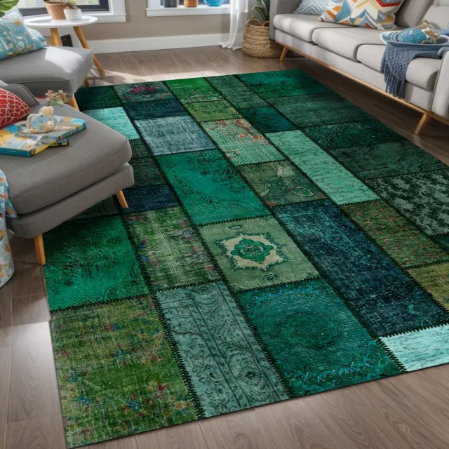 Bamyum Trunk Bedrukte Tapijt Chenille-Print Machinaal Gemaakt 160 x 230 cm, Wasbare Groen Vintage Tapijt, Antibacterieel Anti-Slip Keukentapijt