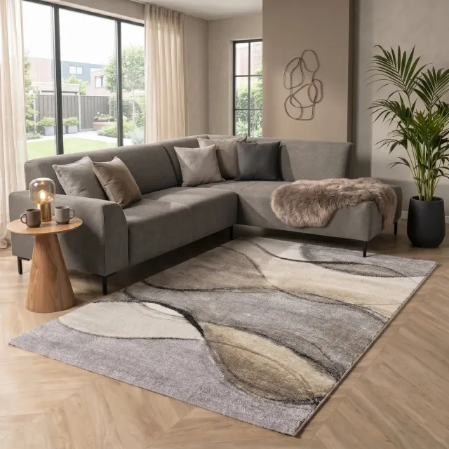 flycarpets Belos Modern vloerkleed - Beige / Grijs / Taupe - 80x280 cm - Laagpolig Tapijt Loper
