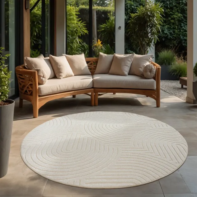 Muratap Berlin Outdoor - Japandi - Rond - Creme - Vloerkleed Binnen en Buiten - Laagpolig Tapijt Tuin- 200 CM ROND