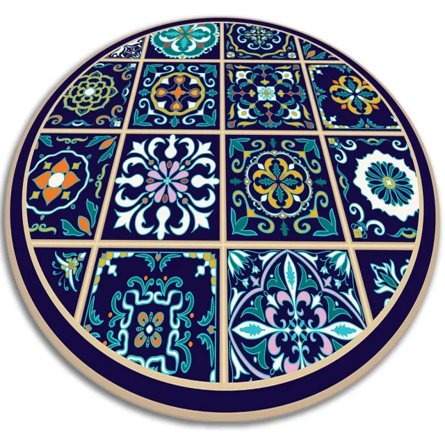 TULUP Vinyl Tapijt - Portugese tegels Vloerkleed Op Vinyl - 140 cm - Zwart Vinylmat - Ronde PVC Floor Mat - Slaapkamertapijt - Woonkamertapijt Zwart Portugese tegels