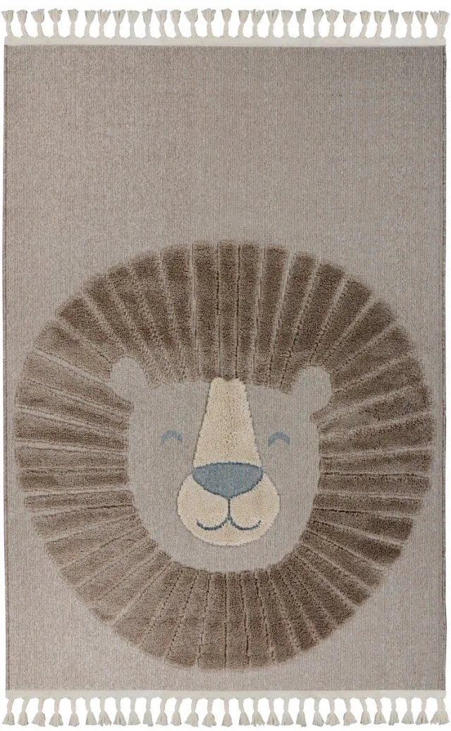 Padiro speels kindervloerkleed 120 x 170 cm - lichtbeige - speels kindermotief - met leeuwenmotief - van polypropyleen en jute