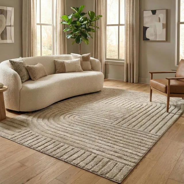 flycarpets Skadi Curve Vloerkleed Japandi & Scandinavisch - Beige - Laagpolig Tapijt Woonkamer - 120x170 cm