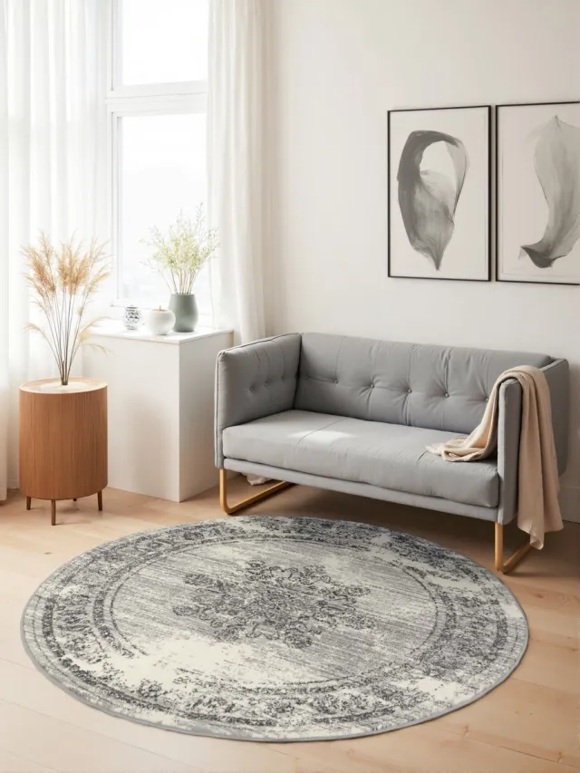 flycarpets Rond Laagpolig Vloerkleed - Gloria - Lydia - Creme / Grijs 160cm rond Ø
