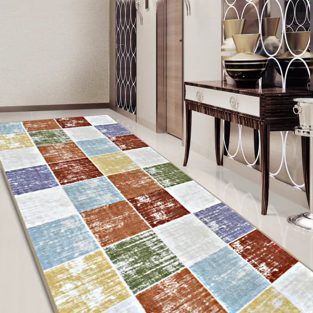 Floordirekt Tapijt Loper Capera met Patroon - Op Maat Gemaakte Fijn Lus Tapijt Loper - Voor Keuken, Hal & Woonkamer - Rasterpatroon Kleurrijke - 80 x 350 cm