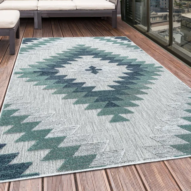 Tapijtenmagazijn Buitenkleed met geometrisch patroon, blauw, geschikt voor terras, balkon of keuken, met polypropyleen achterkant